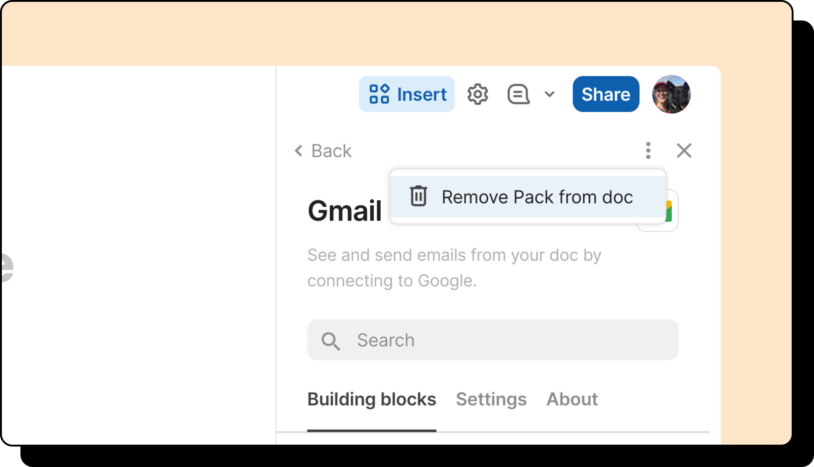 Image of button to remove pack from doc.