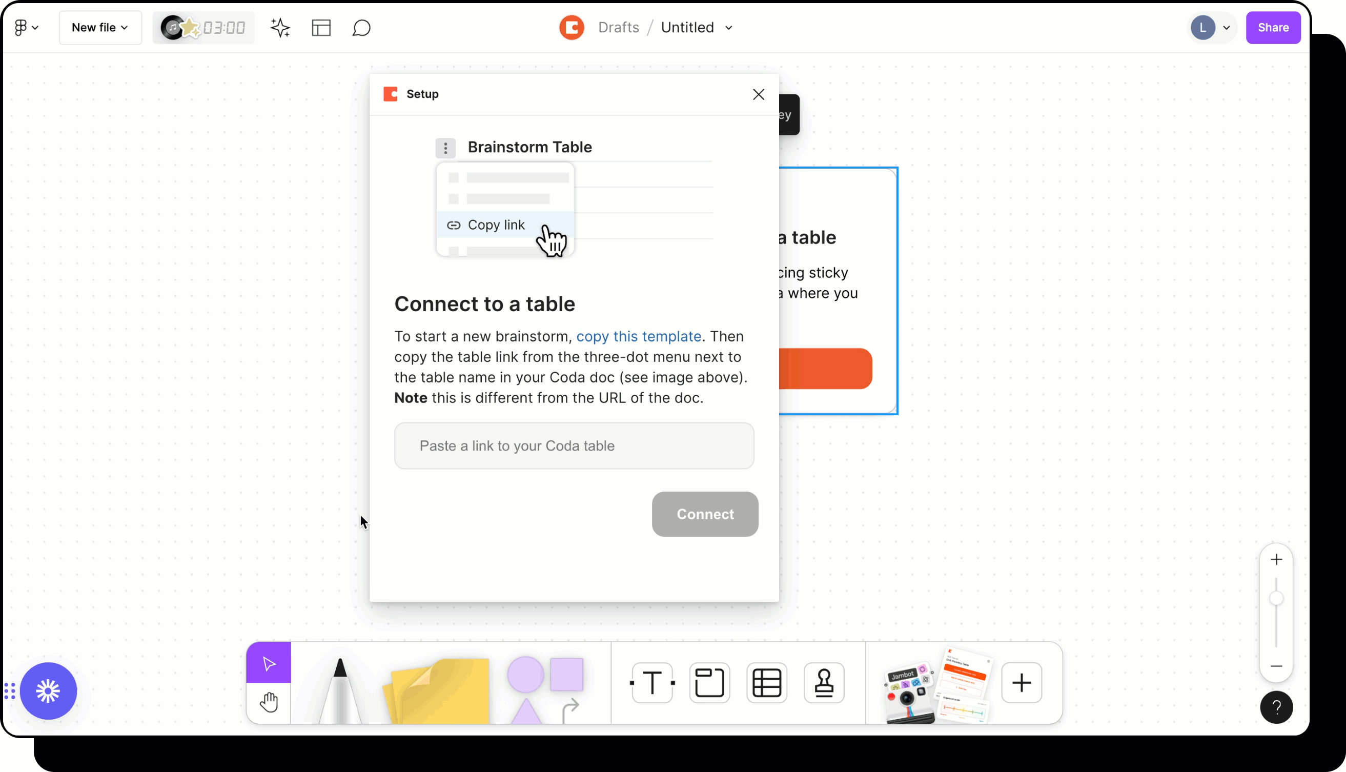 Gif showing how to connect Figjam to Coda table.