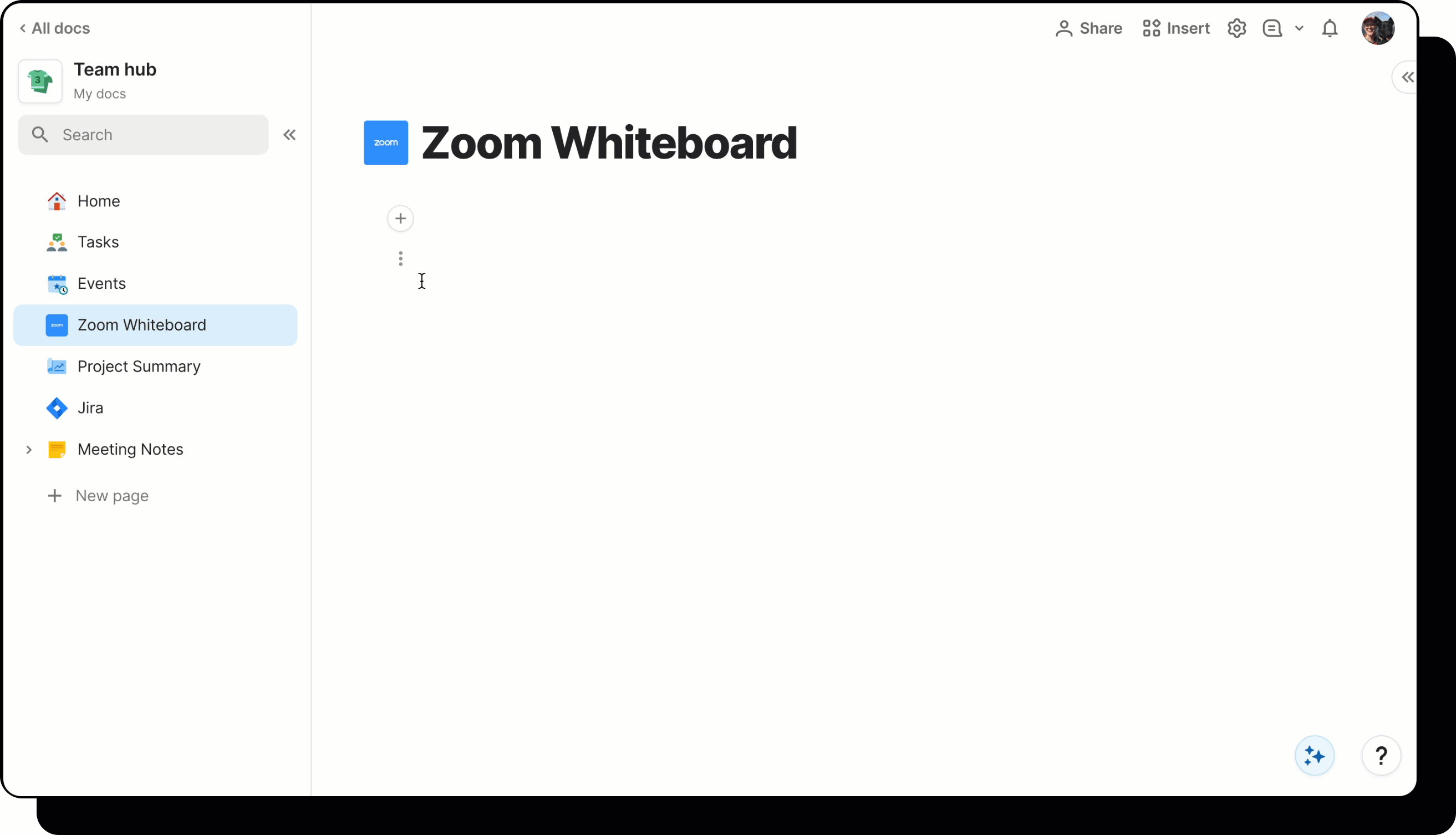 Gif showing how to create Zoom whiteboard as card in Coda.