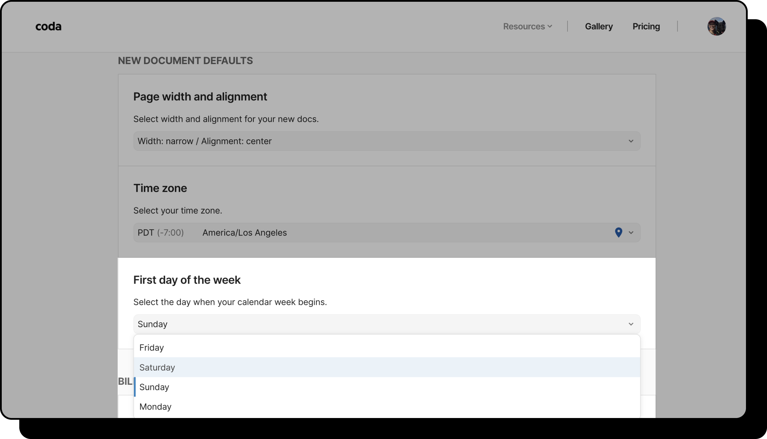 An image of the First day of the week settings panel. 