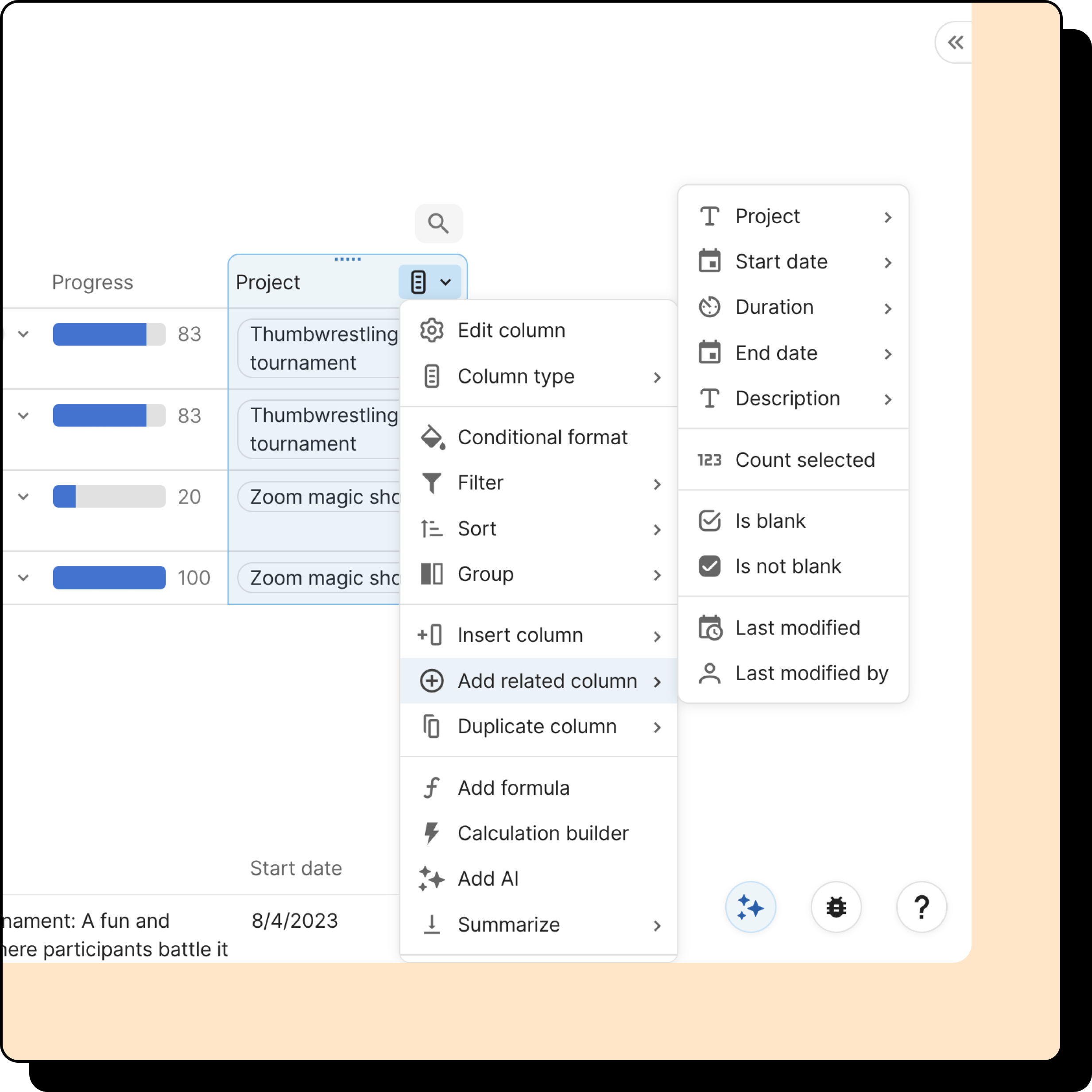 Image of column options, with 