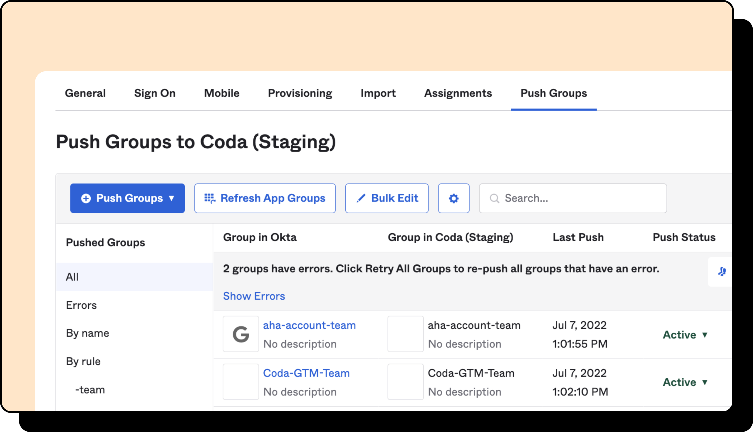 Image of the push groups section in Okta.