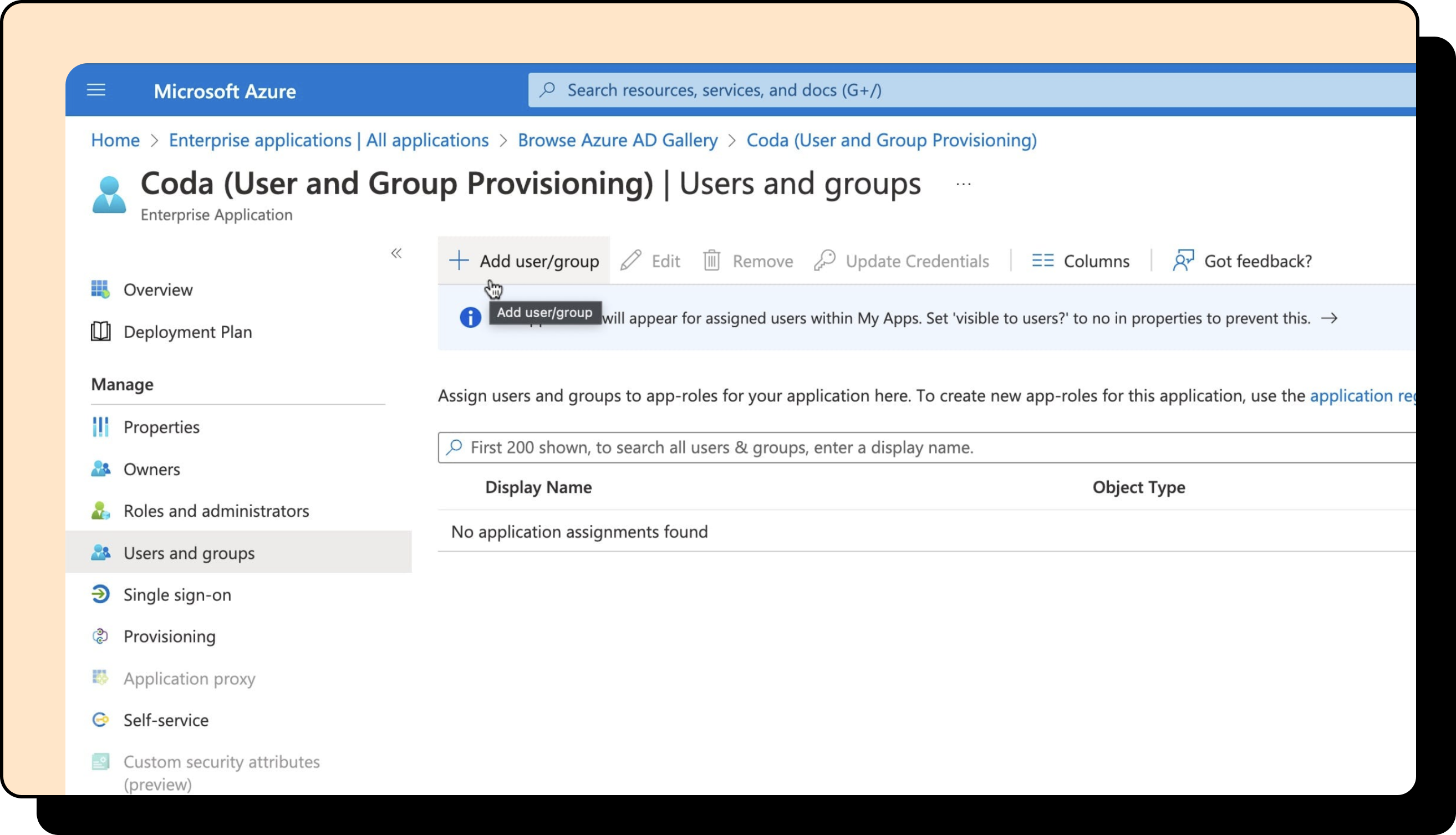 Image of the users and groups provisioning section in Entra.