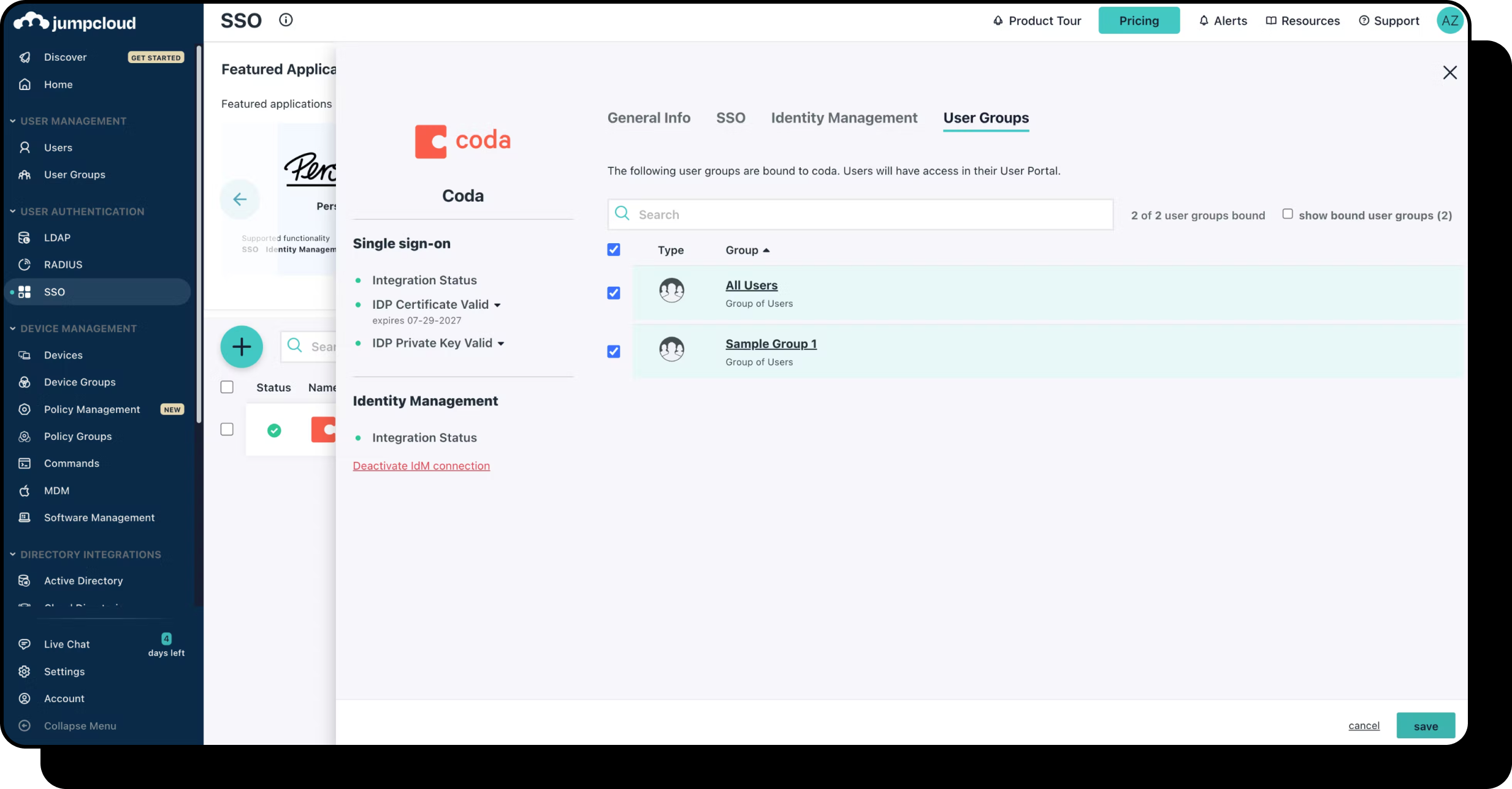 Image of the user groups section in JumpCloud