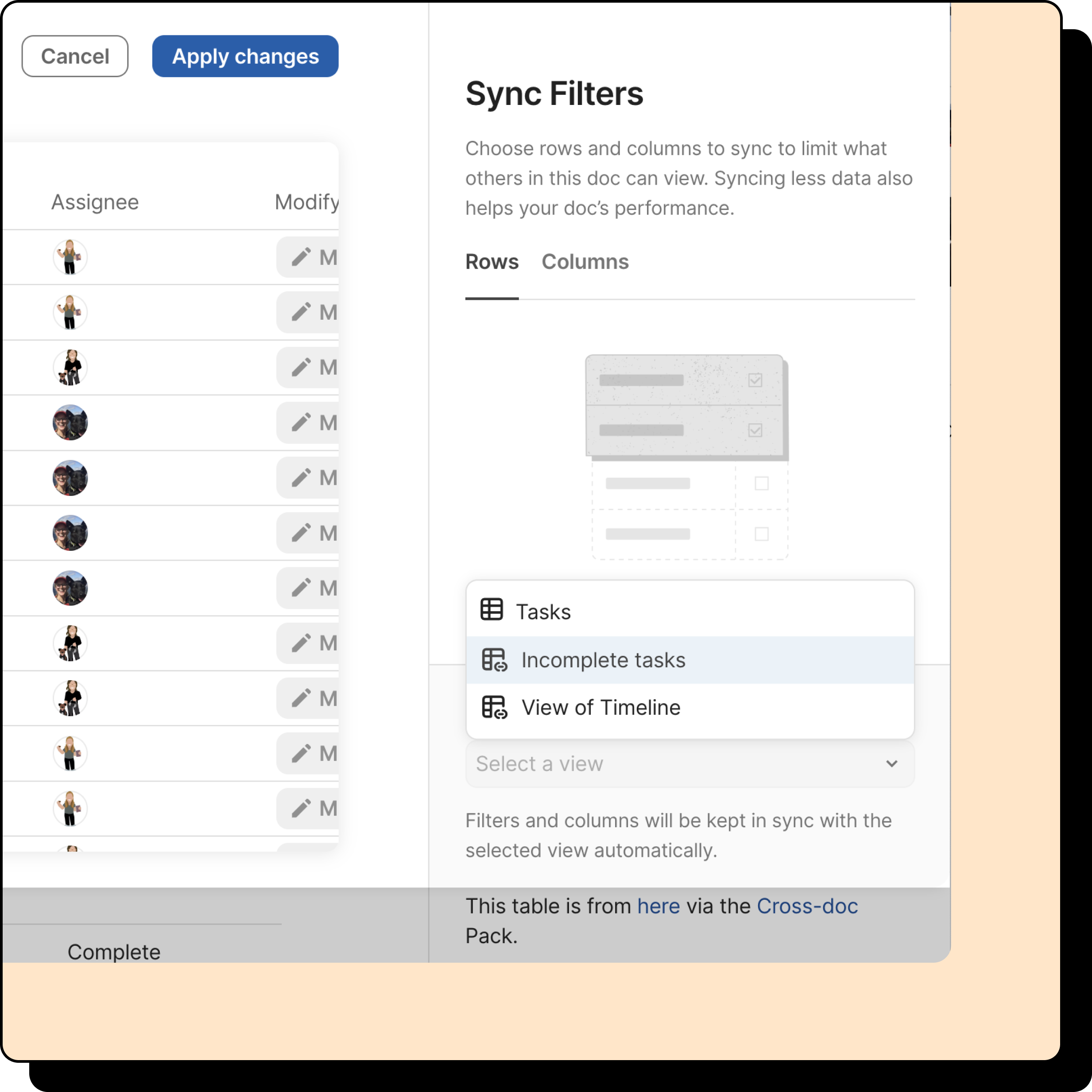 Image of selectable views within cross doc's sync filters settings.