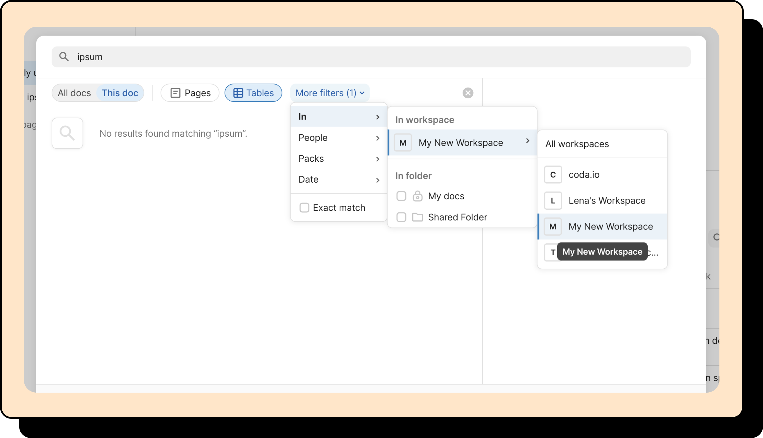 An image of the search modal's filtering options, with a specific workspace highlighted.