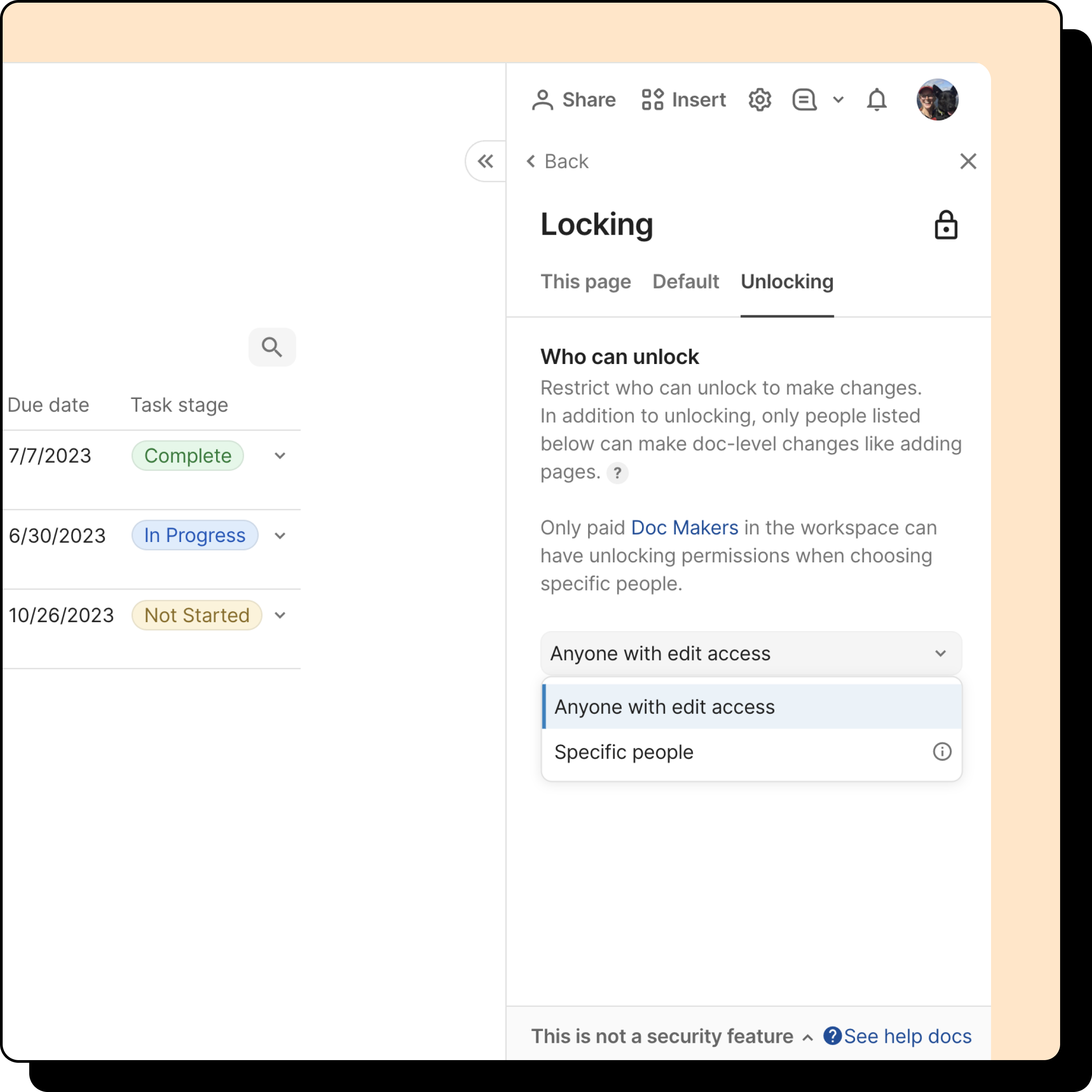 An image of the unlocking tab within a doc's locking settings.