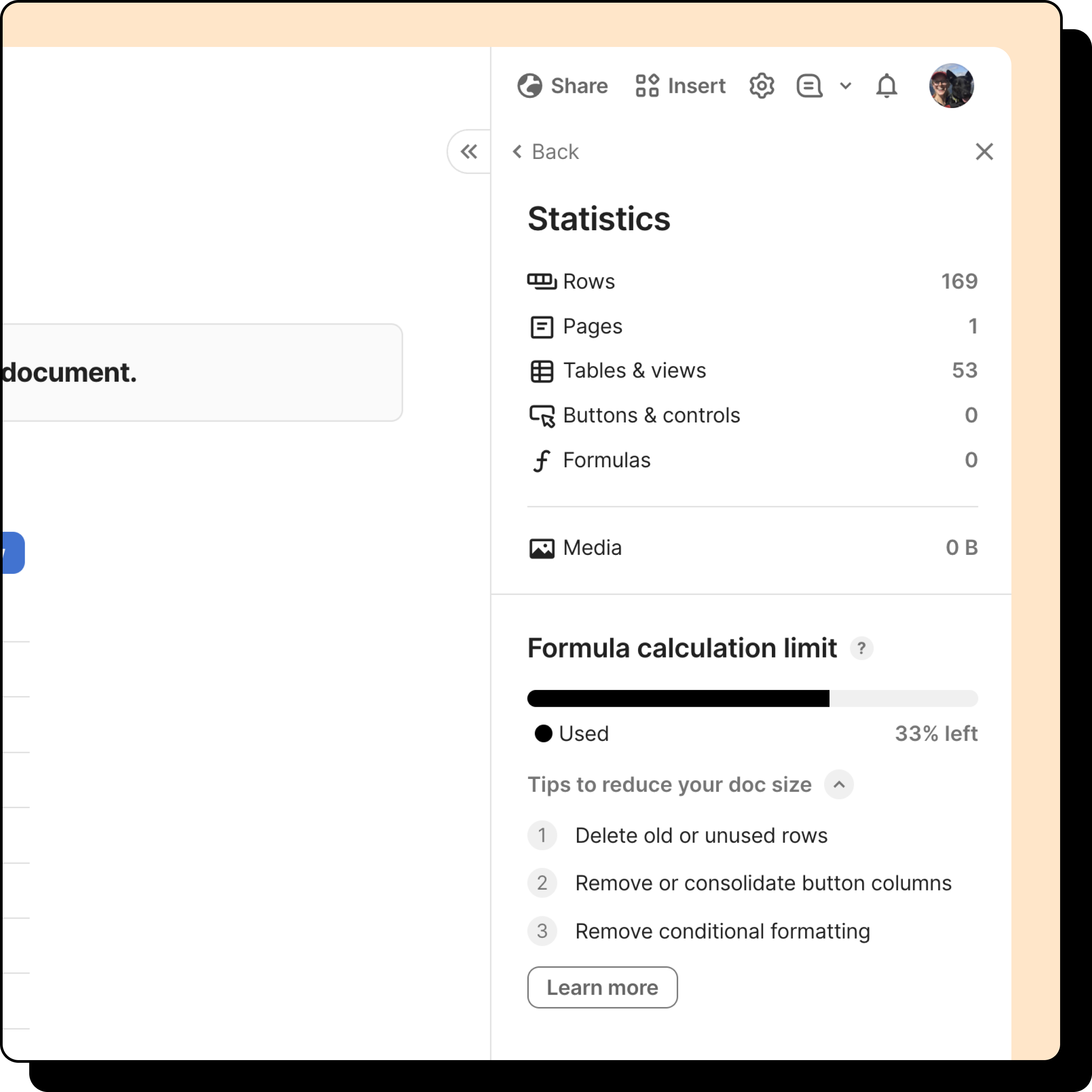 An image of the formula calculation limit in the doc's Statistics.