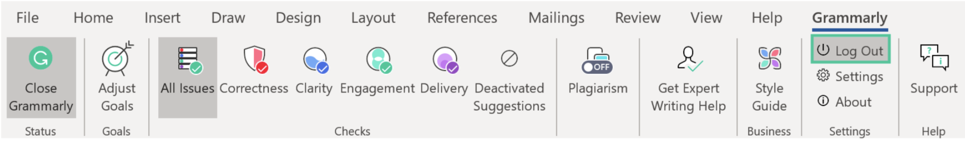 Screenshot of the log out button in the Grammarly tab