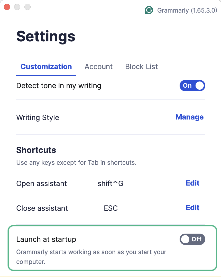 The image shows the Grammarly settings window with Customization, Account, and Block List options. The Customization menu is opened and the Launch at startup option is currently switched off and has a green frame around it for emphasis.