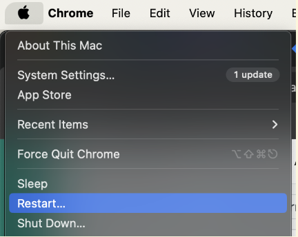 The image shows an already-clicked Apple menu on a Mac computer. Among many options present, Restart… is highlighted in blue.
