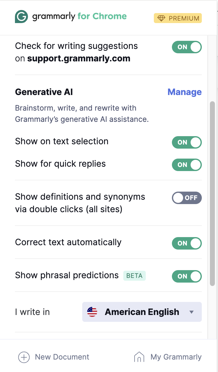 A screenshot of the menu that appears when you click the Grammarly icon