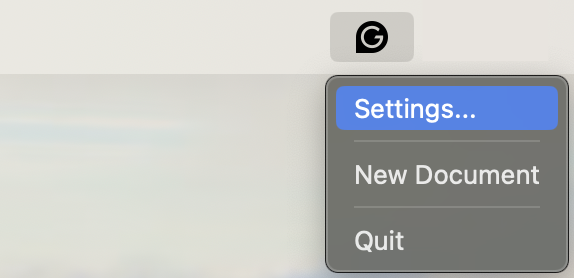 The Grammarly button in the upper-right corner of the screen is clicked, and the drop-down menu appears. The menu includes the Settings option that is highlighted on the image.