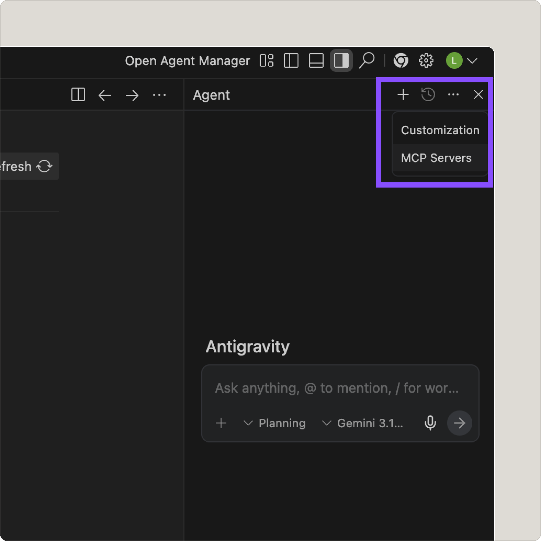 Connect to antigravity MCP (menu).png