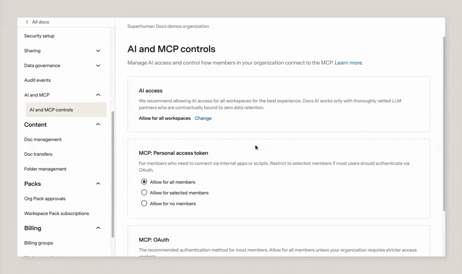 admin settings - MCP PAT member mgmt.gif