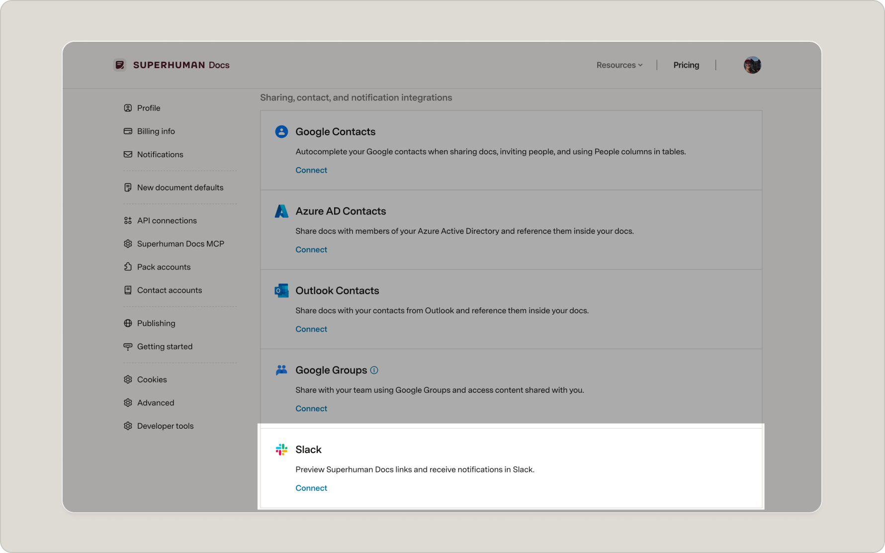 Superhuman Docs Slack app - connect from account.png